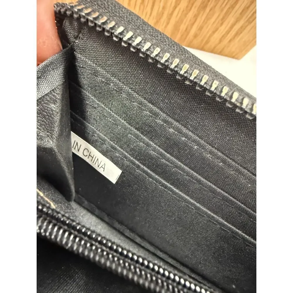 Black Zip Around Wallet Clutch Gold Medallion Organizer Checkbook Style